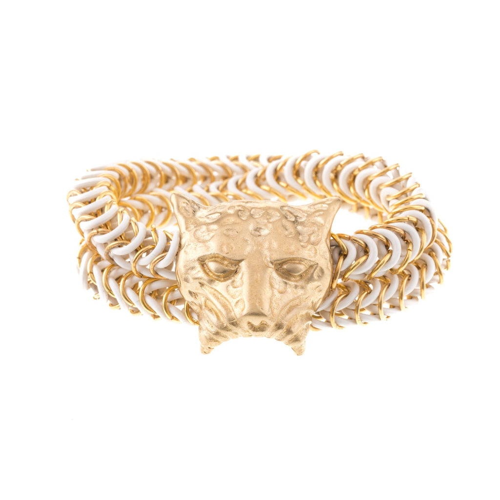 White and gold elastic bracelet for women jaguar head
